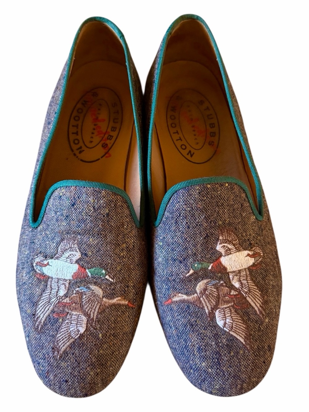 Stubbs & Wootton Brown Tweed Embroidered Duck Bird Leather Loafers Men’s 8.5